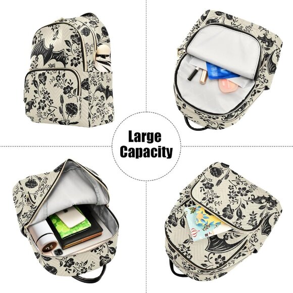 Goth Bat Flowers Quilted Small Backpack Water Resistant Casual Daypack - Picture 5 of 7
